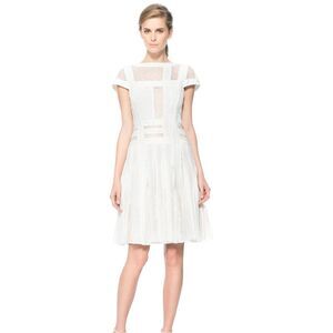 Tadashi Shoji Cotton Crochet and Sheer Lace Collage Dress, White, Size 0